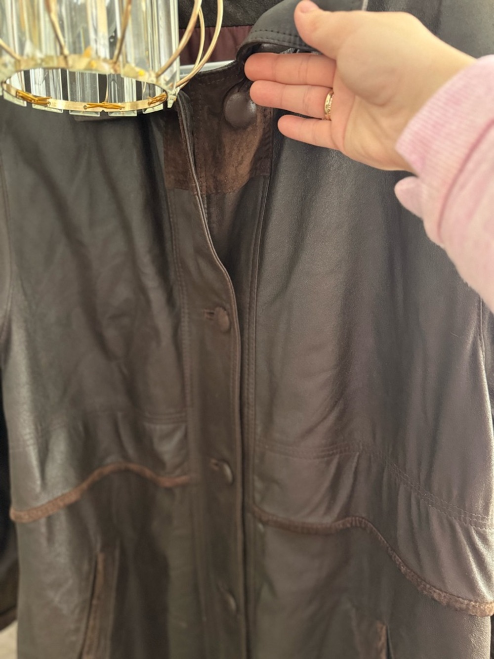 Vintage 90s Chocolate Brown Leather Suede Trim Long Trench Duster Grunge Matrix - Picture 6 of 8